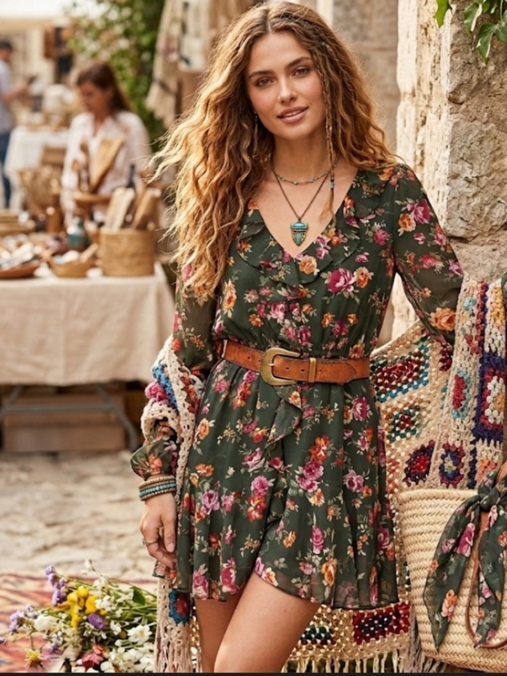 NWT Trixxi Green Floral Ruffle Mini Dress Removable Scarf Size M